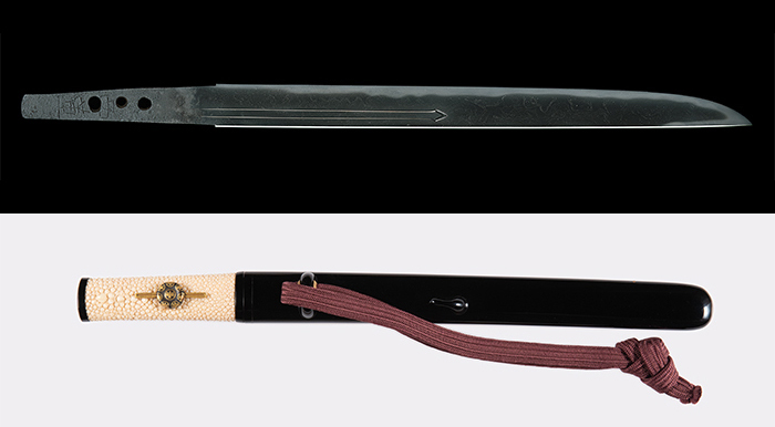 上/重要美術品 筑前西蓮(ちくぜんさいれん)「短刀 銘 西蓮(たんとう めい さいれん)」 鎌倉時代・13~14世紀 刃長27.1㎝ (公財)静嘉堂蔵 下/附「黒蠟色塗鞘合口拵(くろろいろぬりざやあいくちごしらえ)」